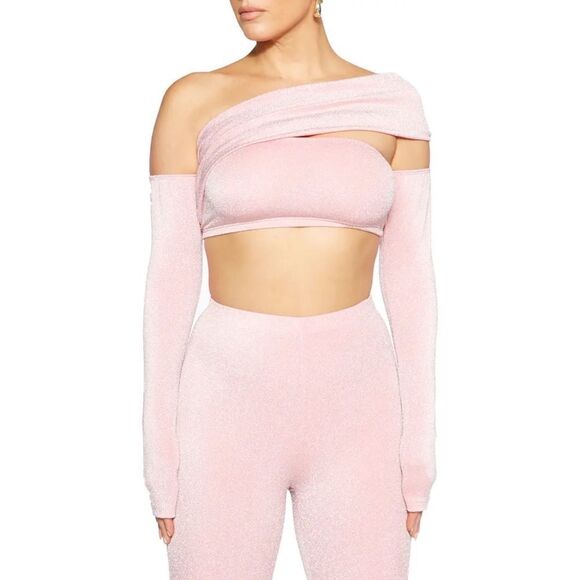 Naked Wardrobe Pink Long Sleeve Off the Shoulder Metallic Shimmer Crop Top L NWT - Picture 1 of 4